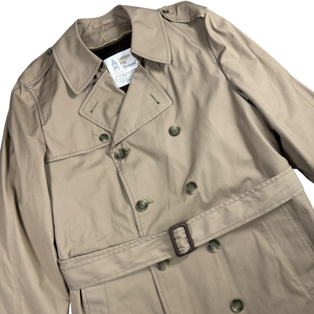 London Fog VTG Maincoats Trench Coat Mens 40L Tan Double Breasted Belted Lined